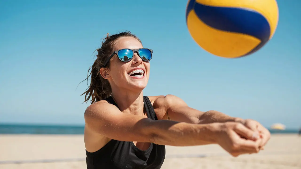 Radostný člověk s keramickou rovnátkou při hře v plážovém volejbali.