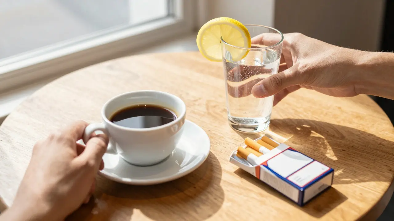 Ruka odsouvá cigarety a kávu a sahá po sklenici vody.