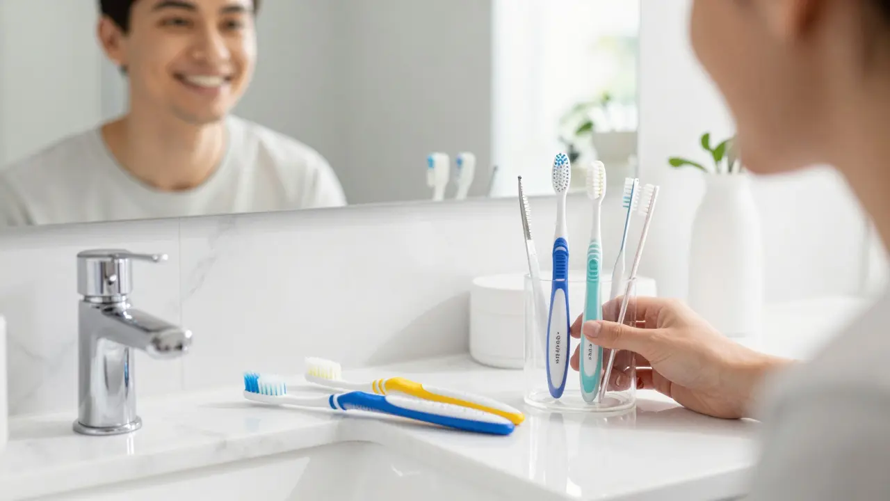 Sada kartáčků Curaprox na mramorové desce v moderní koupelně.