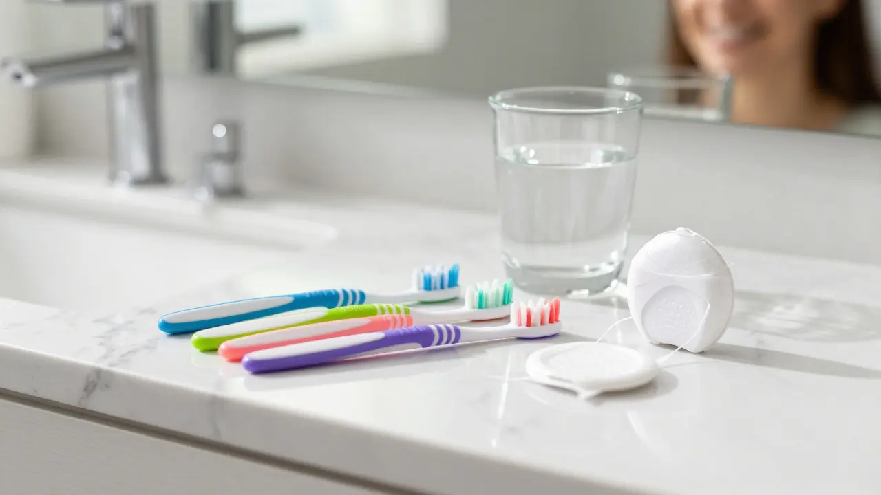 Sada mezizubních kartáčků a nití na mramorovém povrchu v koupelně.