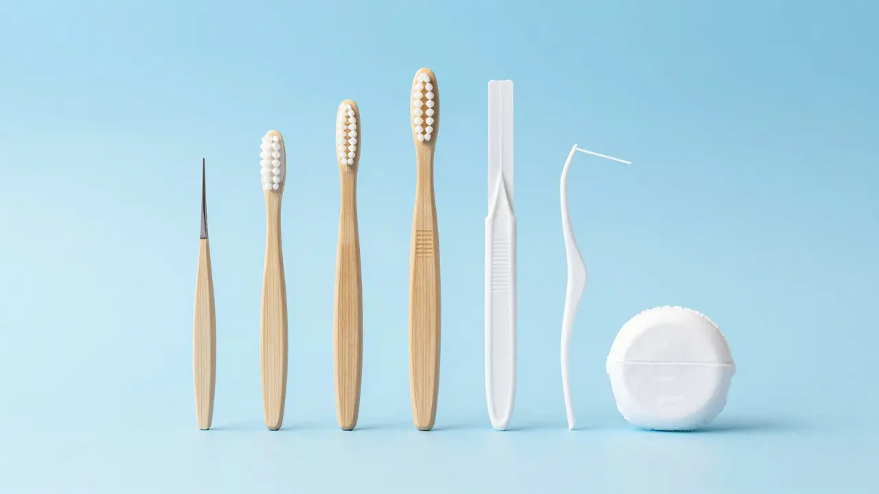 Sada mezizubních kartáčků různých velikostí a dentální nit na modrém pozadí.