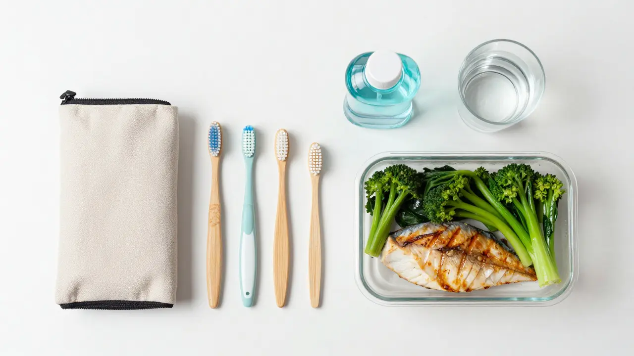 Sada pro dentální hygienu a zdravý oběd na bílém kancelářském stole.