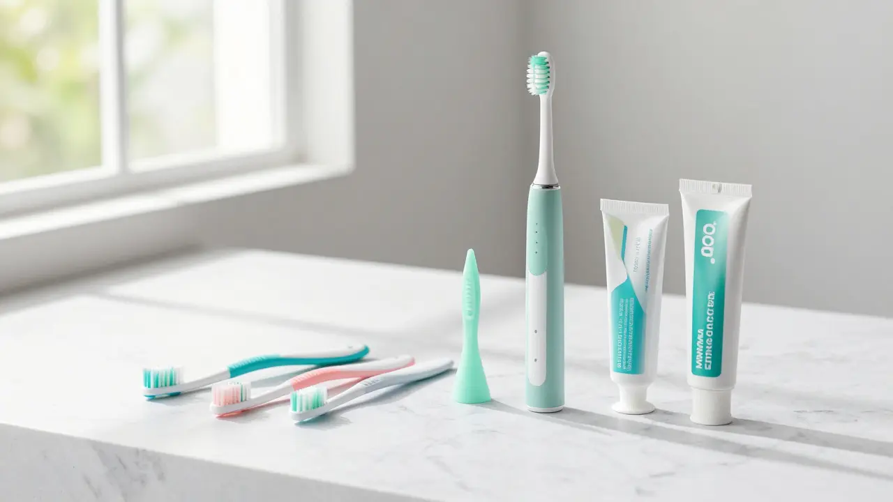 Sada pro domácí péči o zuby s elektrickým kartáčkem a mezizubními kartáčky.