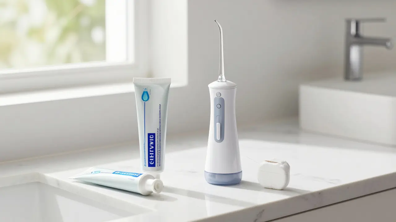 Sada pro domácí péči o zuby včetně irigátoru a zubní nitě.