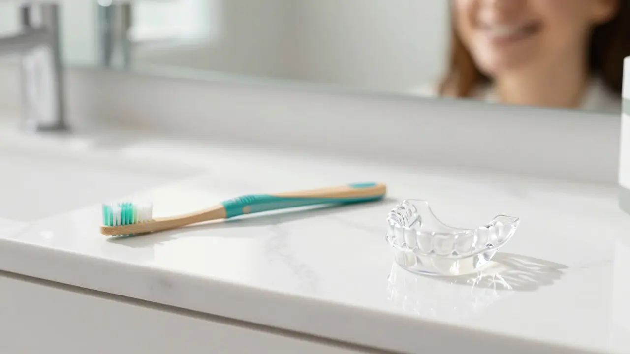 Sada pro zubní hygienu s kouskovou dlahou na mramorovém povrchu.