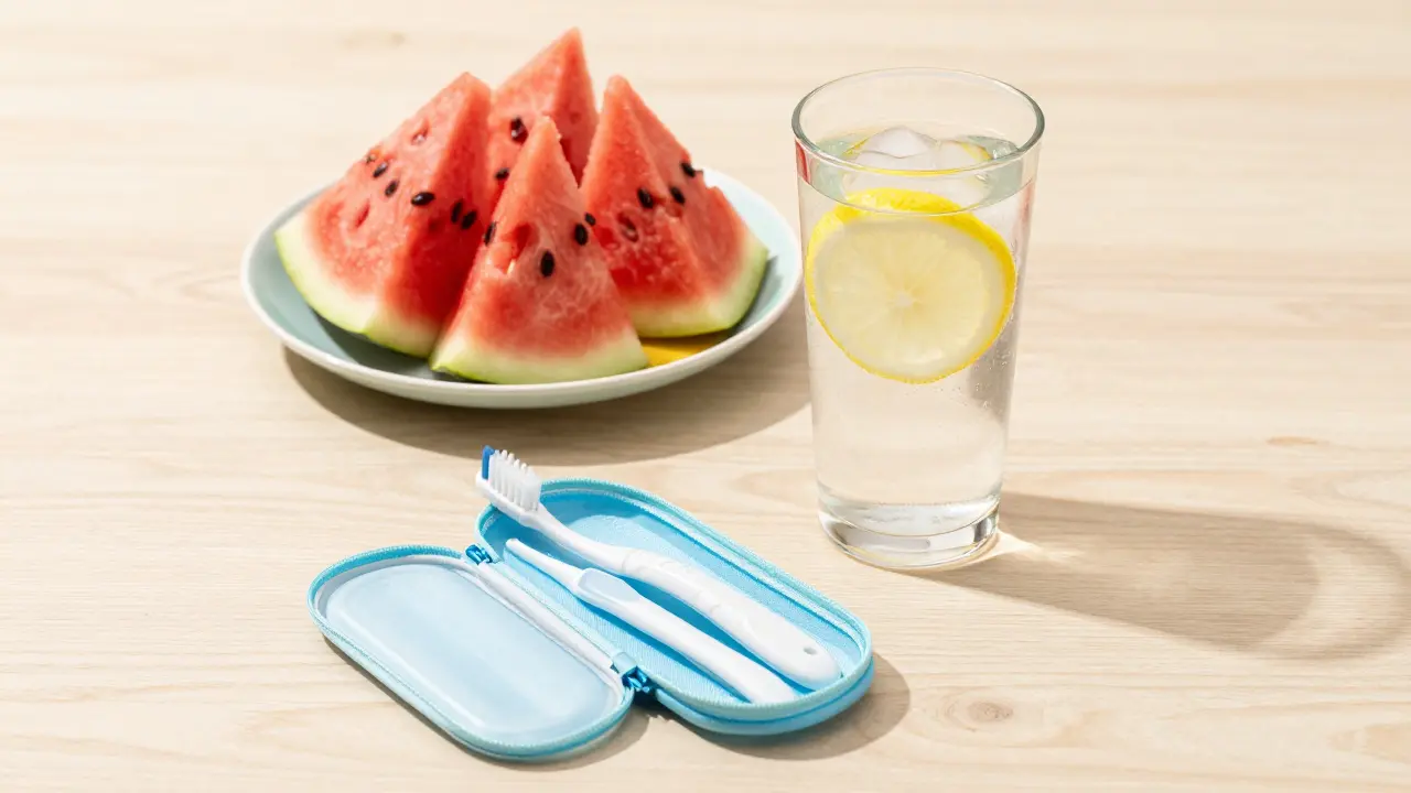 Sada pro zubní hygienu vedle sklenice vody a čerstvého vodního melounu.