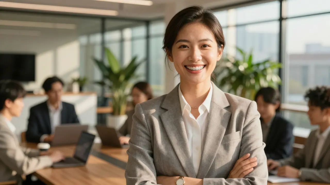  sebevědomý profesionál s perfektním úsměvem během obchodního setkání.