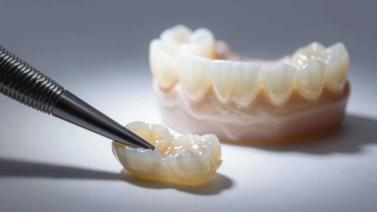 Srovnání kompozitu a porcelánu na zblízko.