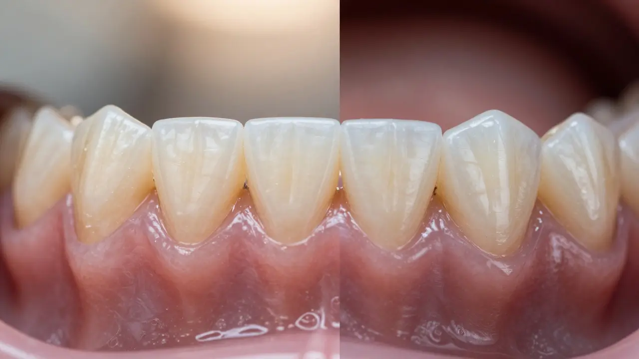 Srovnání připraveného zubu a výsledné porcelánové korunky pro perfektní zapasování.