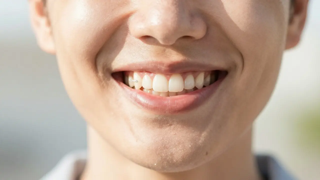 Úsměv dospělého člověka s rovnými zuby a fixní retencí