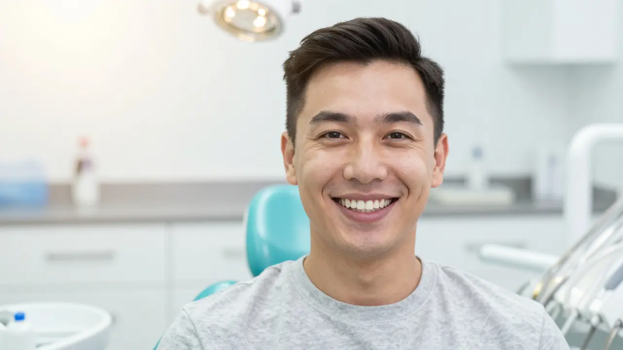 Úsměv spokojeného člověka po úspěšné ortodontické léčbě.
