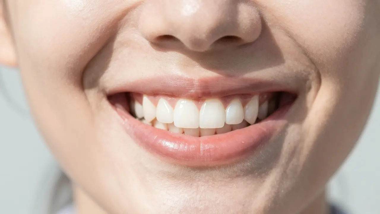Záběr na dokonalý úsměv s lesklými zuby.