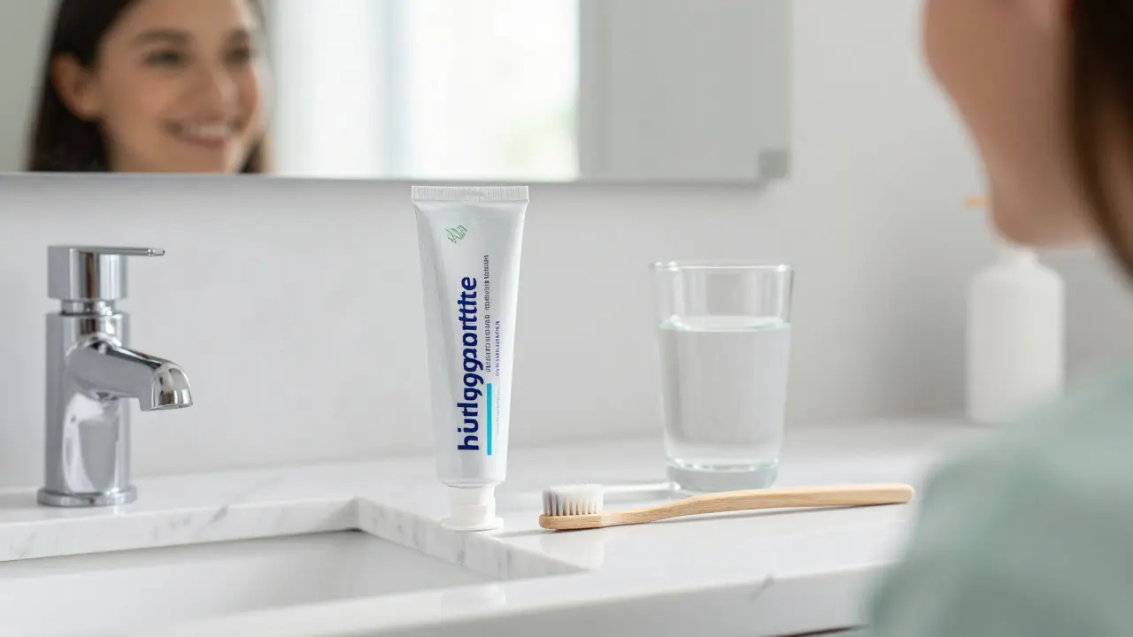 Zubní pasta s hydroxyapatitem a kartáček na mramorovém povrchu v koupelně.