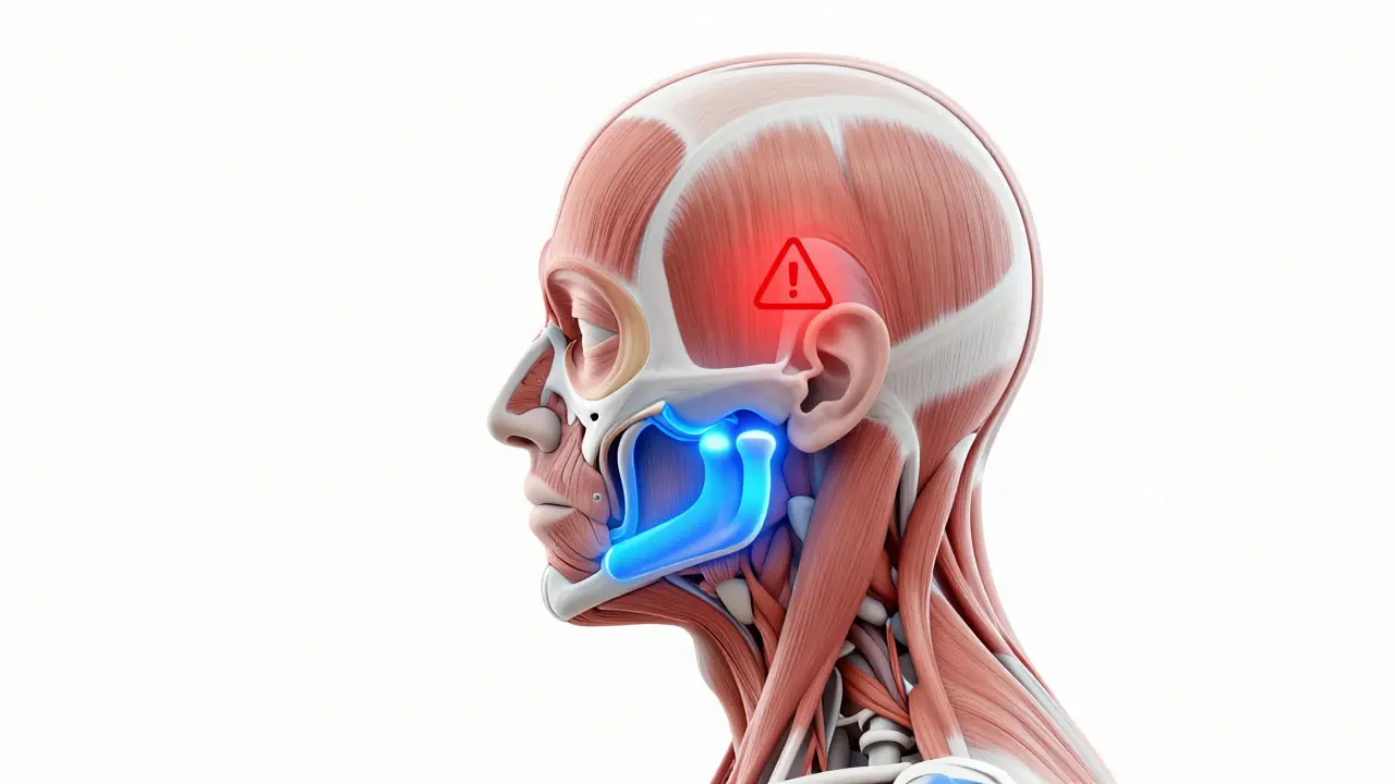 Anatomická ilustrace ukazující bolest čelisti a hlavy způsobenou špatným skusem.