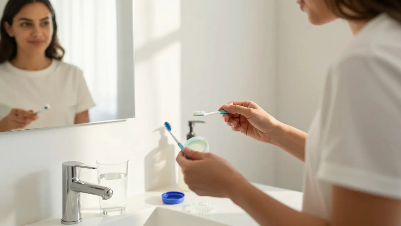 Člověk si připravuje hygienické pomůcky a vosk pro rovnátka před zrcadlem