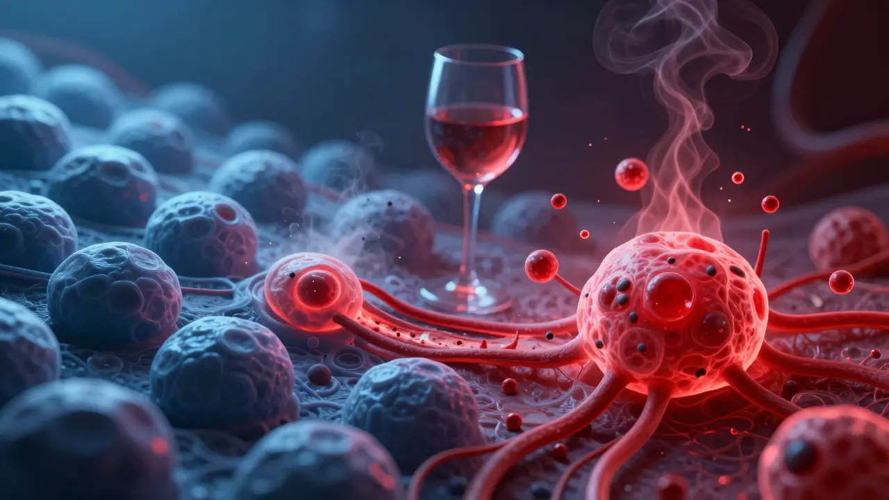 Konceptuální ilustrace dehydratace a zánětu způsobeného alkoholem