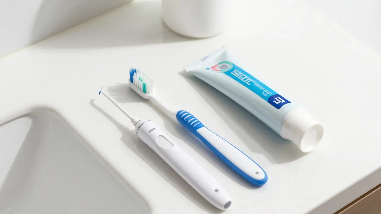 Nářadí pro ústní hygienu: kartáček, mezizubní kartáčky a irrigátor na pultu