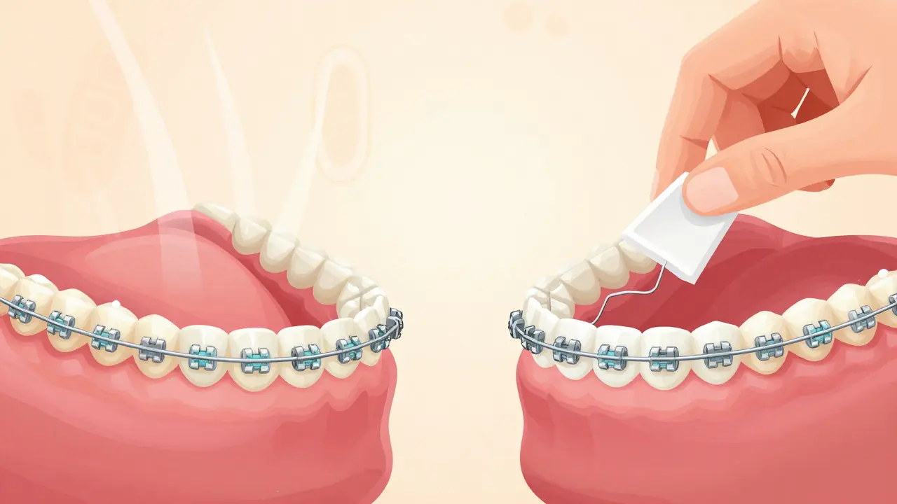 Srovnání zdravých zubů s rovnátky a rizika špatné hygieny s ortodontickým voskem