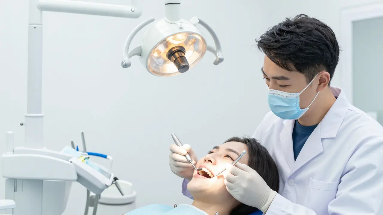 Stomatolog vyšetřuje pacienta v moderní klinice pomocí dentálního světla.