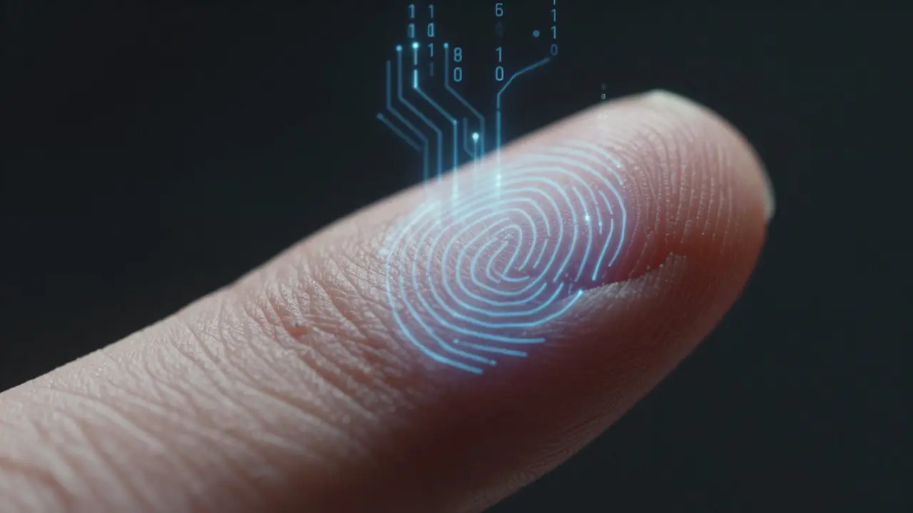 Konceptuální zobrazení otisku prstu přecházejícího do digitálních dat