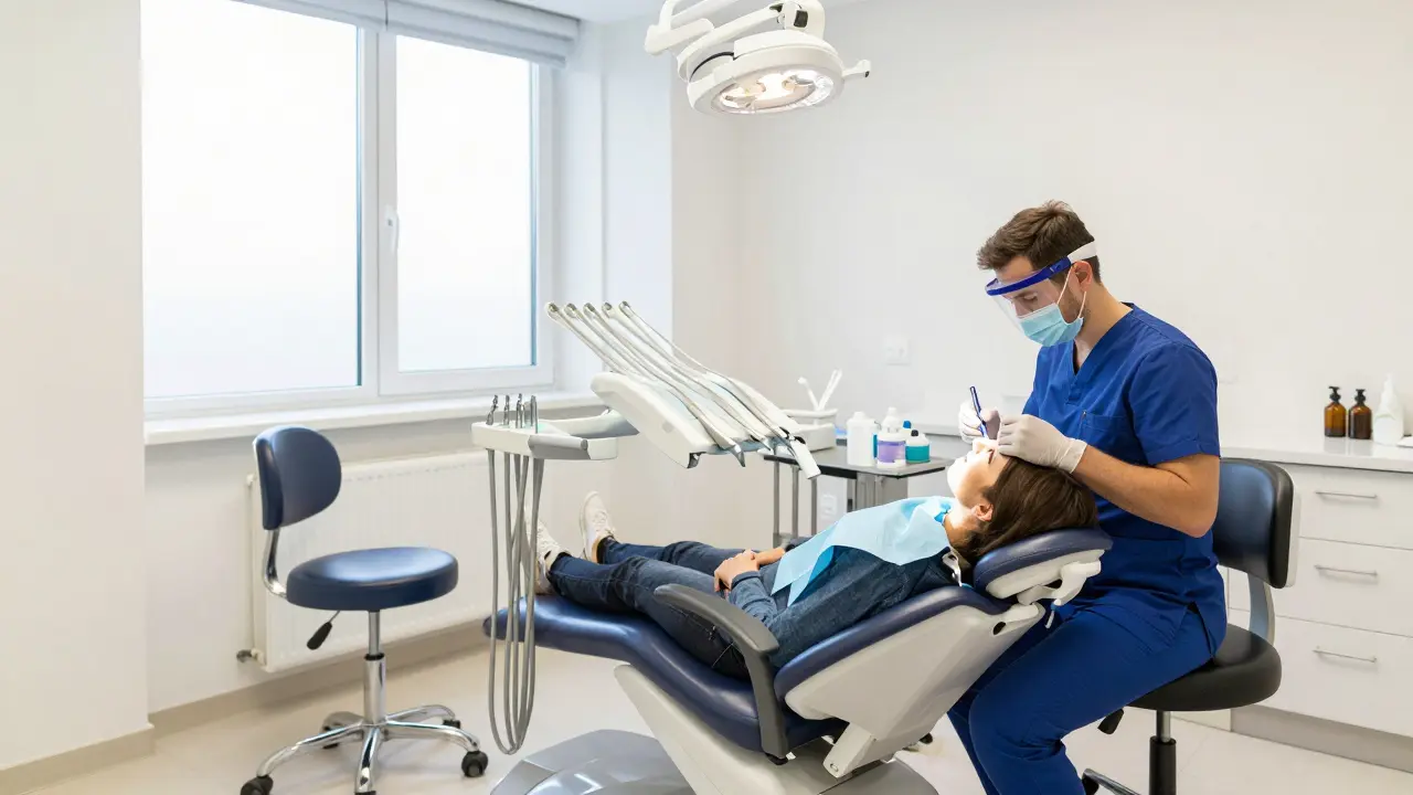 Moderní ordinace dentální hygieny během procedury pískování