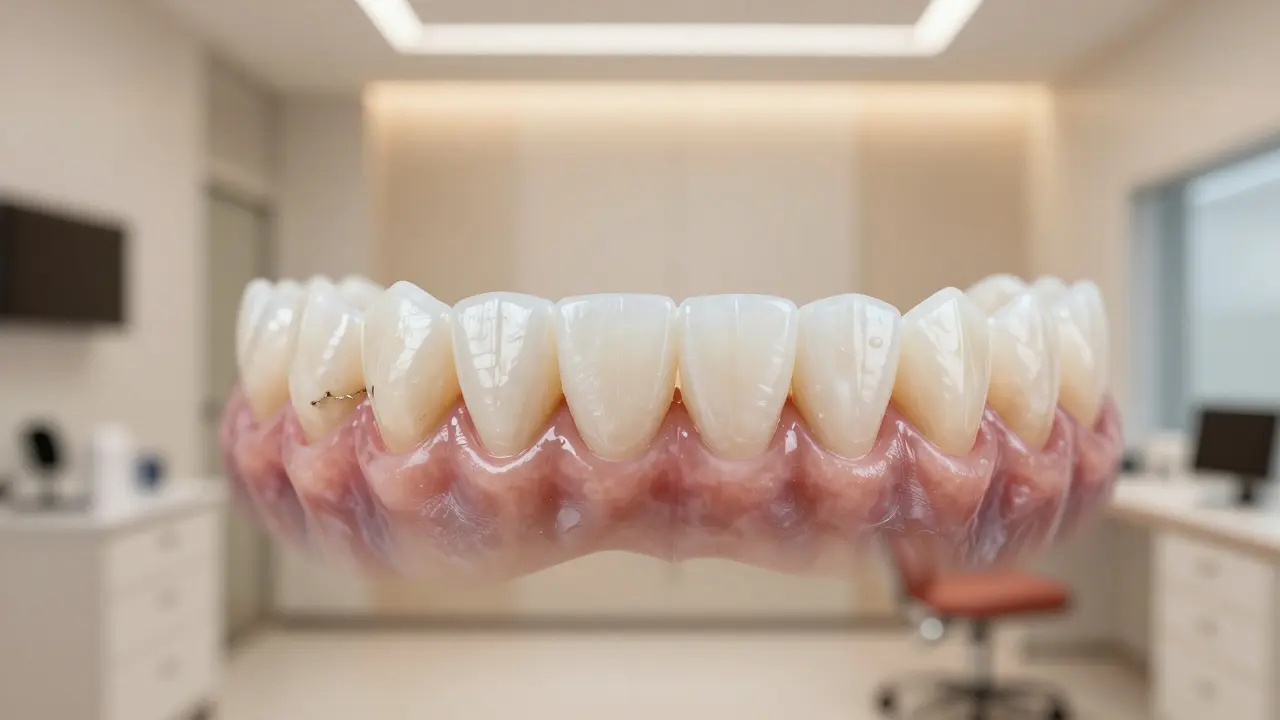 Porovnání poškozeného zubu a dokonale obnoveného úsměvu pomocí porcelánových vložek v ordinaci.