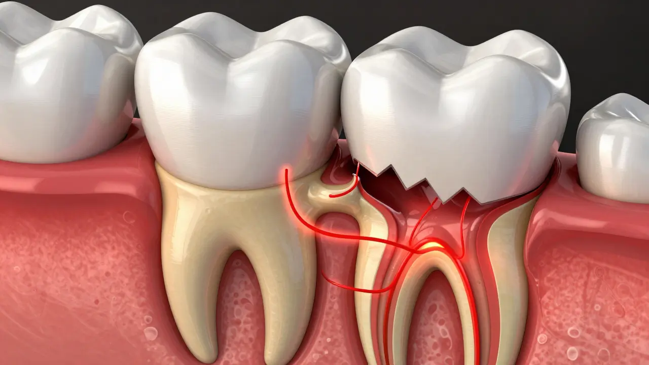 Příčný řez zubem ukazující kaz pronikající do dentinu a podráždění nervu