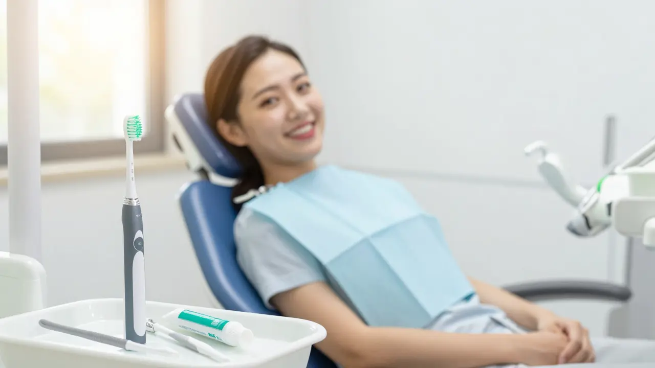 Relaxovaný pacient v ordinaci s hygienickými potřebami na popředí
