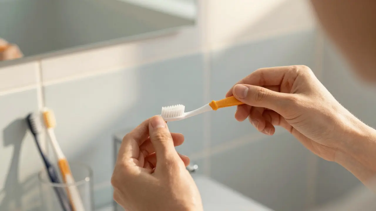 Ruka drží mezizubní kartáček při ranní hygieně