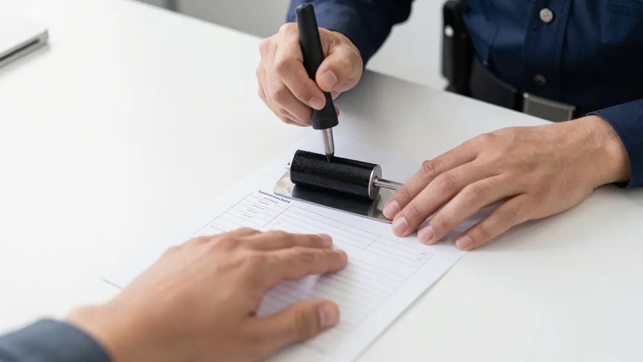 Specialista nanáší inkoust na podložku pro vytlačování otisků prstů