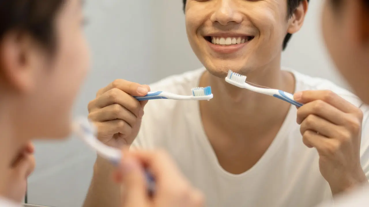 Úsměv po čištění zubů s kartáčkem a nití pro prevenci