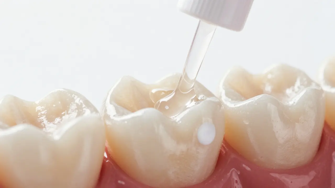 Záběr makro fotoaparátu ukazuje aplikaci fluoridového gelu na zubní sklovinu pro obnovu minerálů.
