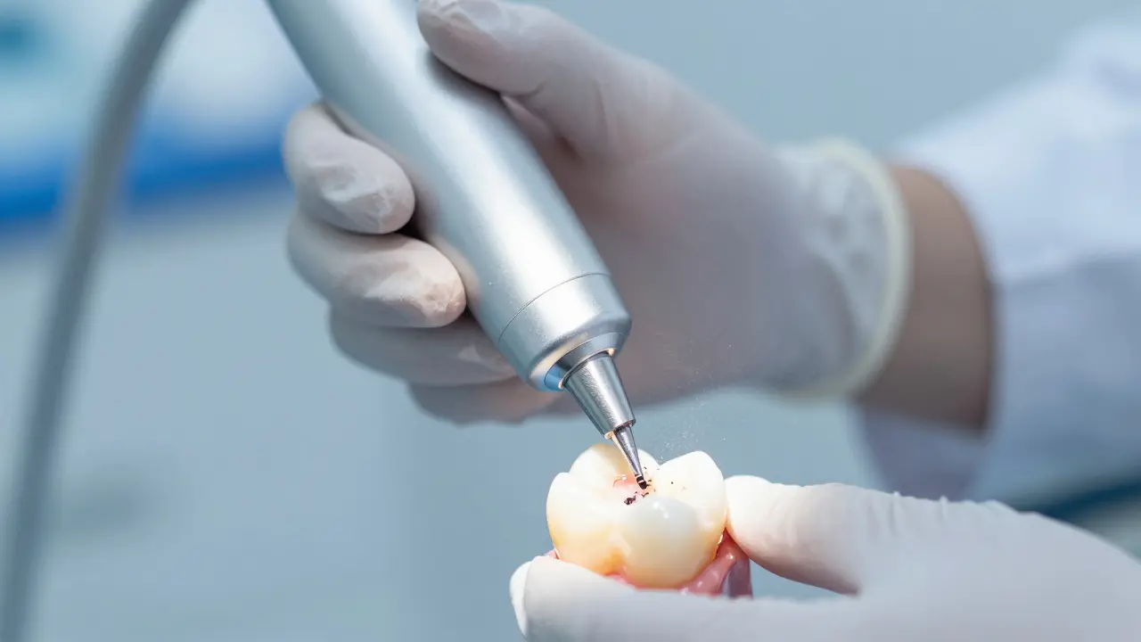 Záběr ultrazvukového odstranění zubního kamene na kořeni zubu