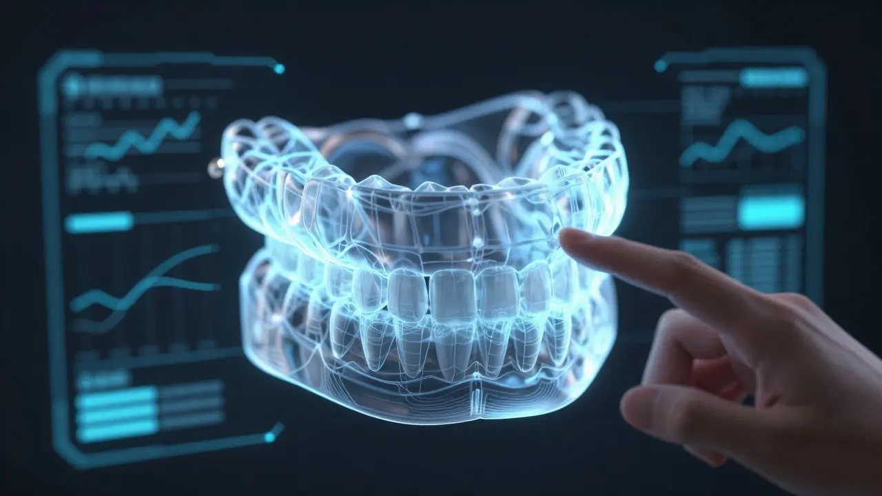 Abstraktní 3D digitální model zubů s holografickými prvky