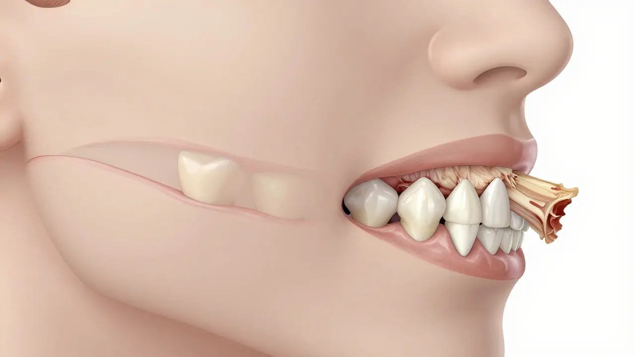 Anatomický pohled na kaniniky trhající maso