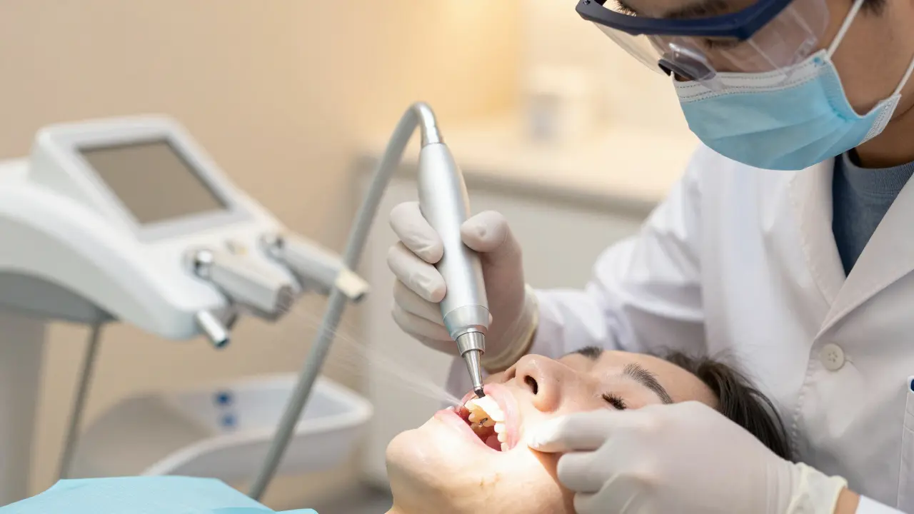 Dentální hygienista používá ultrazvukový scaler