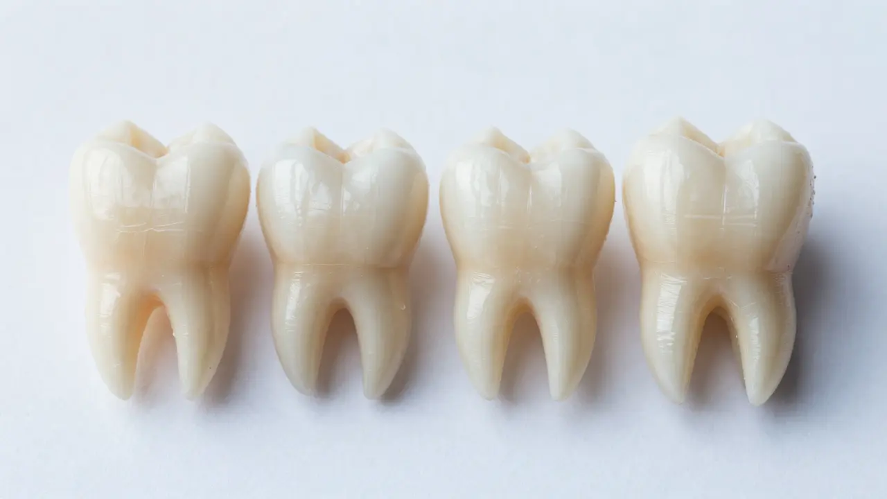 Detailní pohled na různé typy zubů: řezák, špiňák, premolár a molár