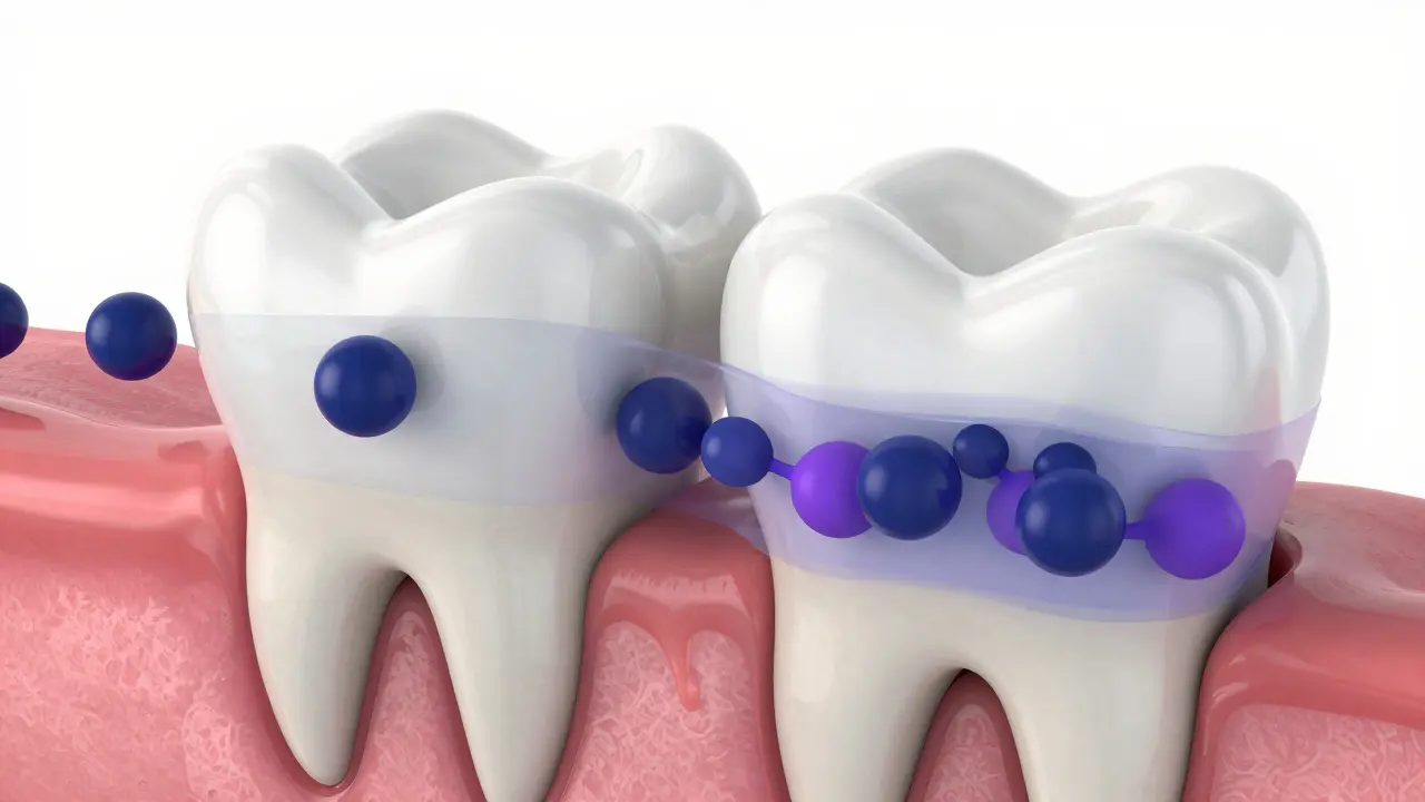 Schéma zubu ukazující hlubokou pigmentaci uvnitř dentinu a skloviny