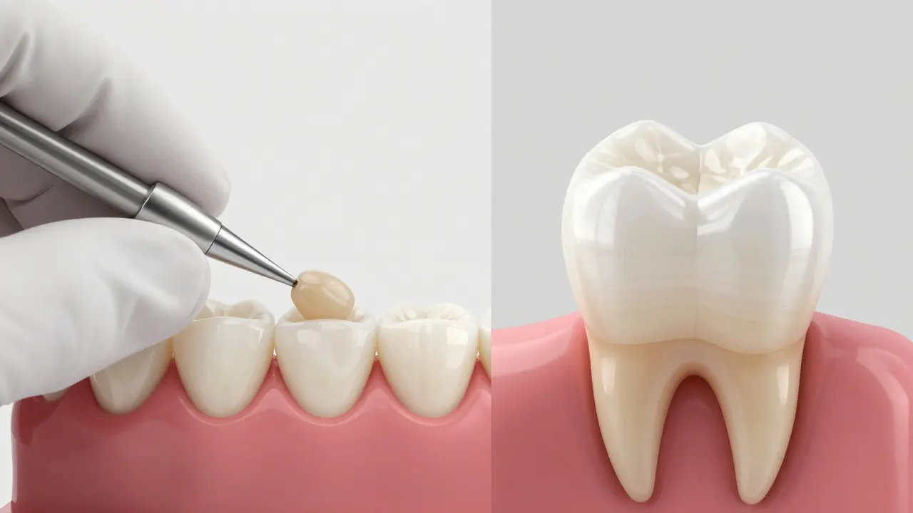 Srovnání kompozitní výplně a keramické korunky na předním zubu v dentální ordinaci.