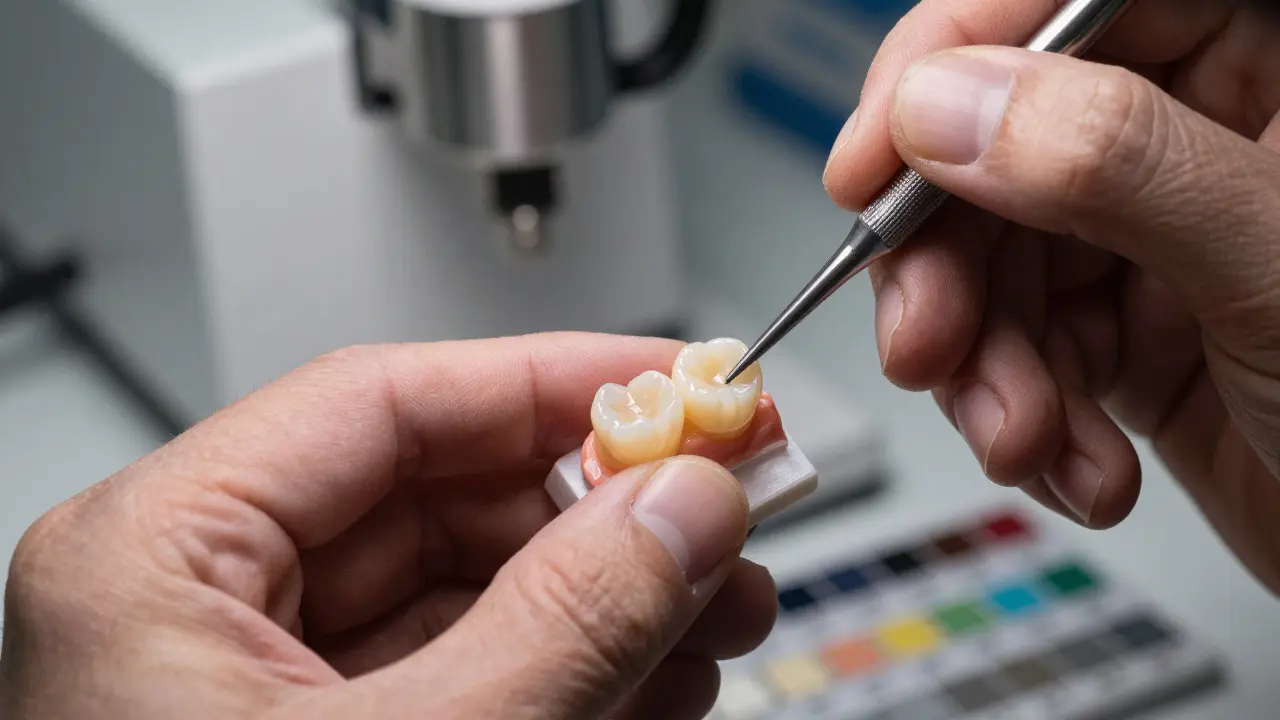 Technik ručně aplikuje porcelán na keramickou zubní korunku v laboratoři.