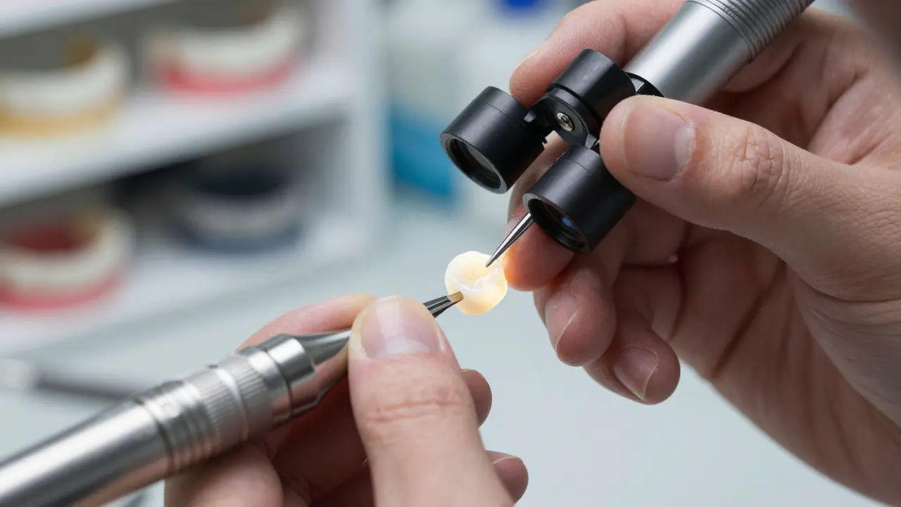 Technik v laboratoři dokončuje výrobu tenké keramické zubní fazety