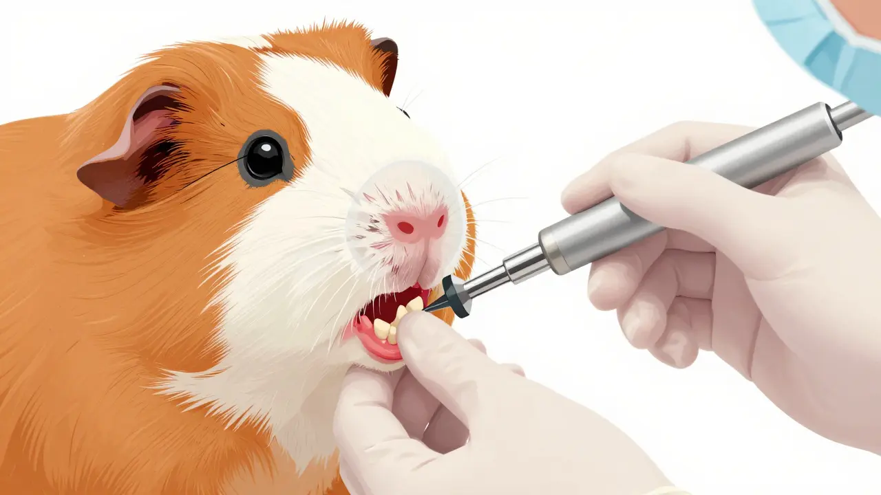 Veterinář brousí zuby morčeti během anestezie