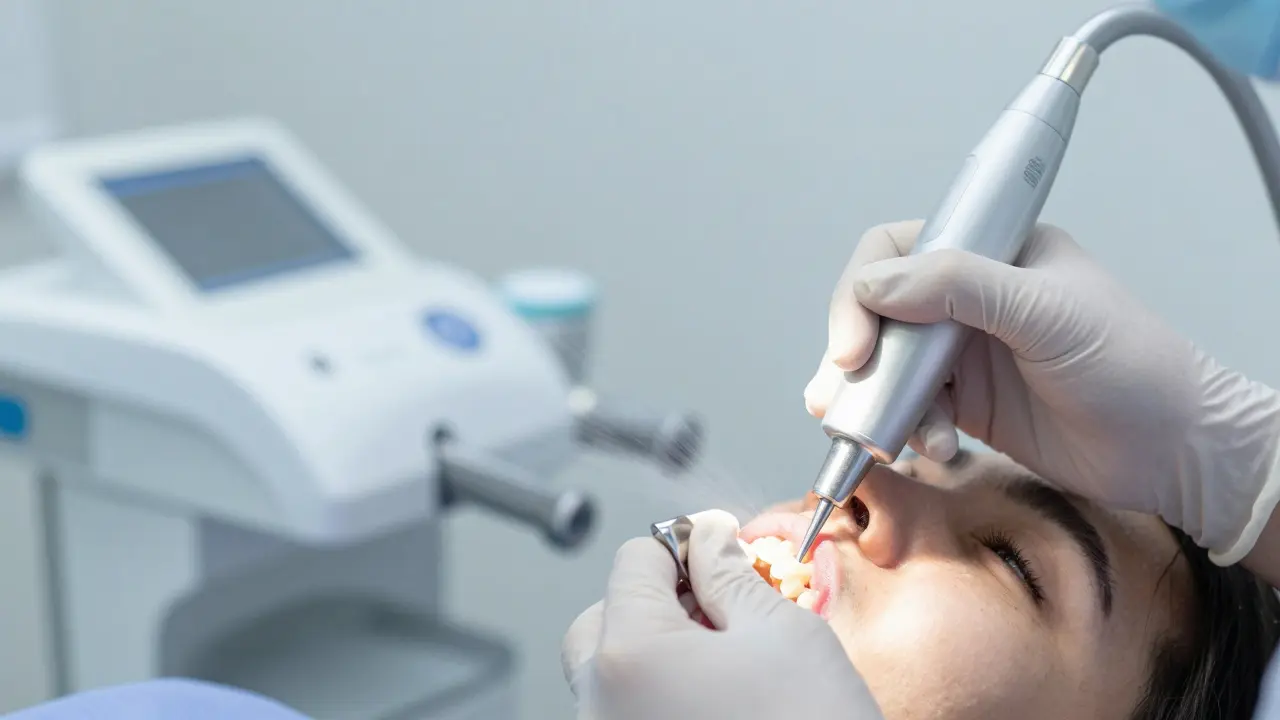 Zubní hygienistka používá ultrazvukový skalpel na čištění