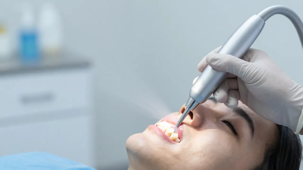 Zubní lékař používá ultrazvukový scaler pro čištění zubního kamene