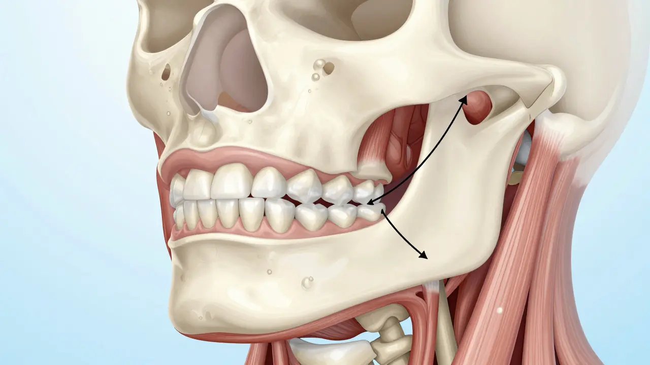 Anatomická ilustrace ukazující vliv skusu na tvar čelisti a svalů obličeje.