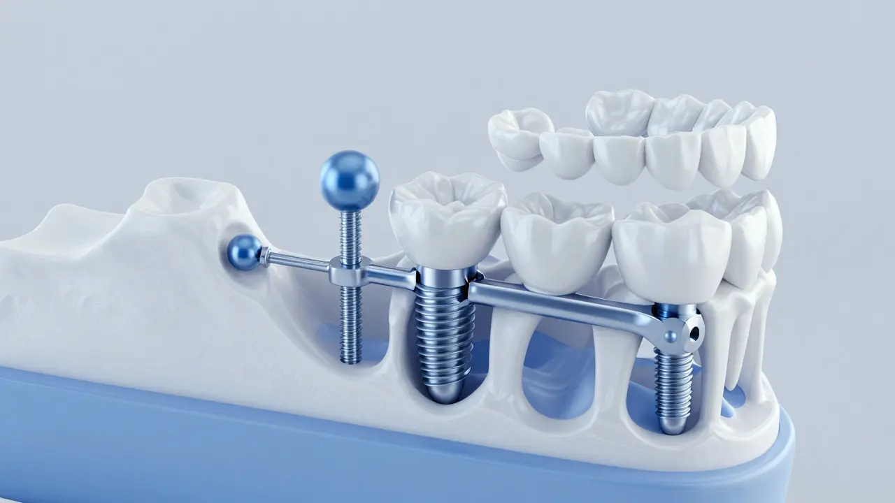 Anatomický průřez zobrazující implantáty a systémy háčků či tyčinek