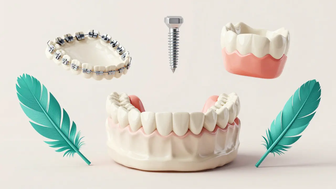 Conceptual illustration of dental reconstruction components including implants and crowns