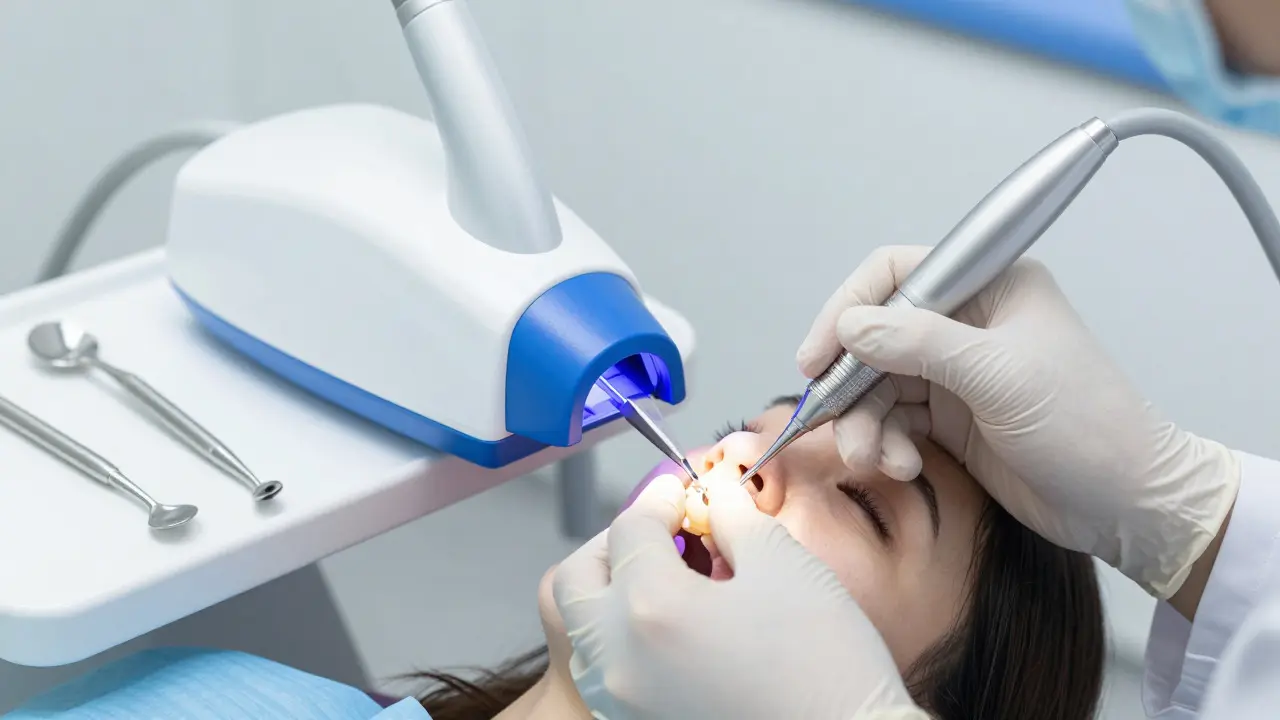 Dentista aplikuje kompozitní výplň na zub