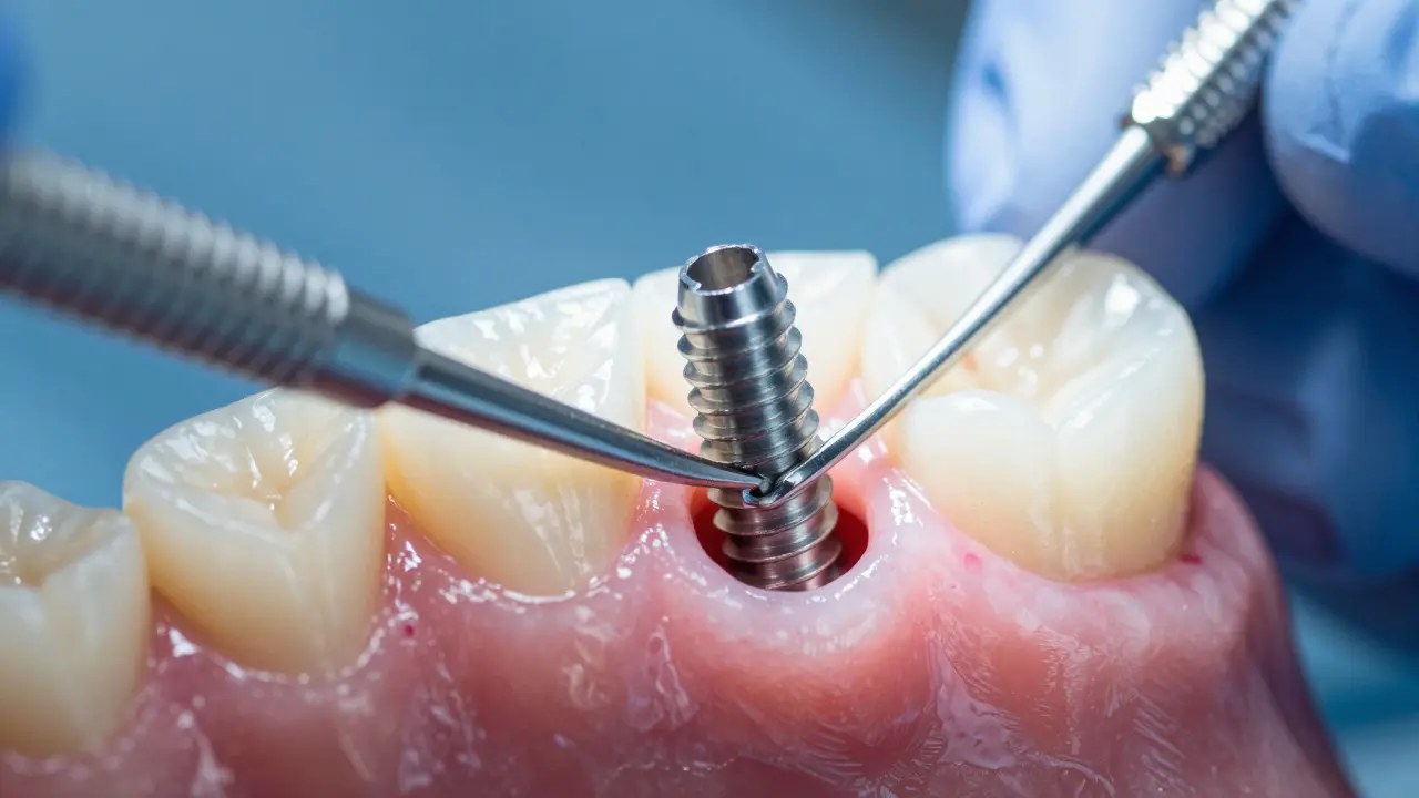 Detailní záběr na přesnou instalaci zubního implantátu do čelisti