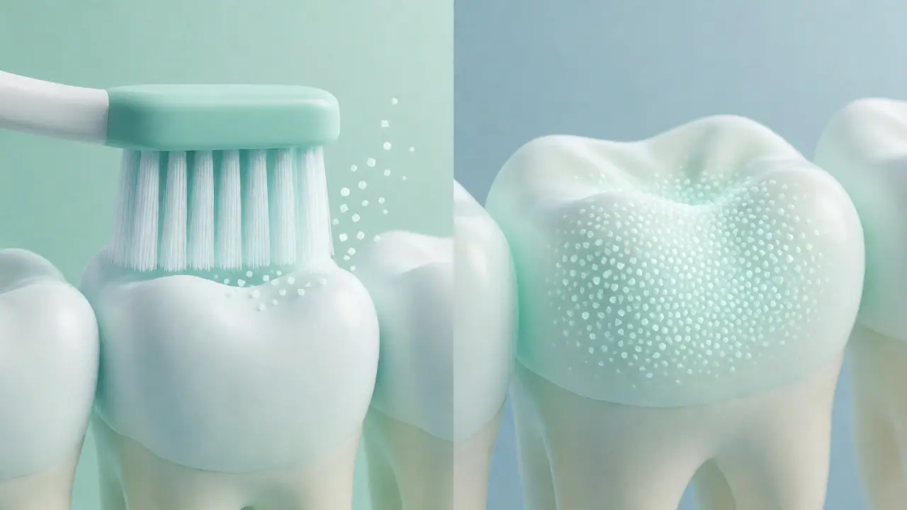 Ilustrace eroze skloviny versus remineralizace hydroxyapatitem